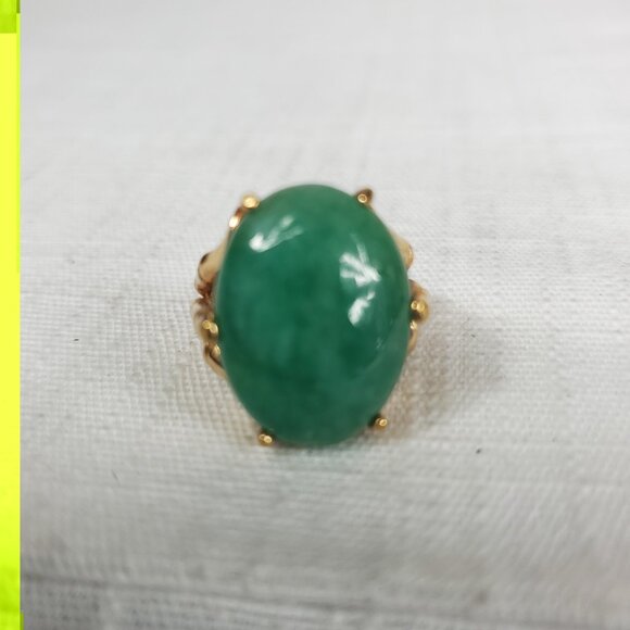 Beautiful Vintage Unique Polished Brass Bamboo Cardinal Oval Jade Stone Ring - Picture 2 of 7